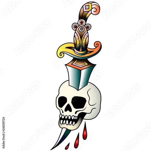 Skull with dagger on a white background. Vector illustration Old school tattoo line art. Suitable for printing transfer tattoos and stickers back to school