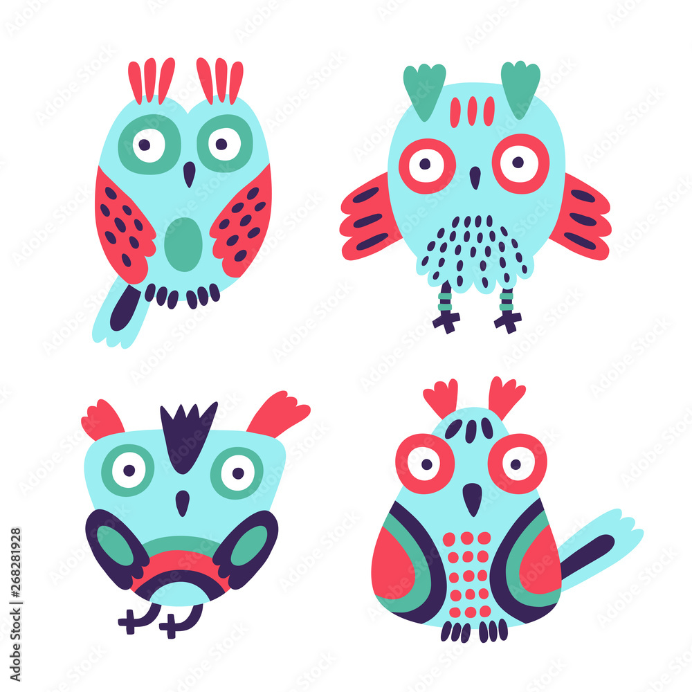 Funny owl set. Vector illustration.