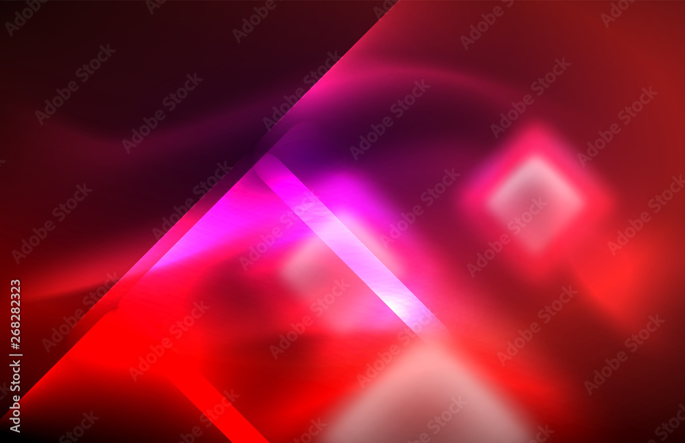 Fototapeta premium Neon square and line lights on dark background with blurred effects