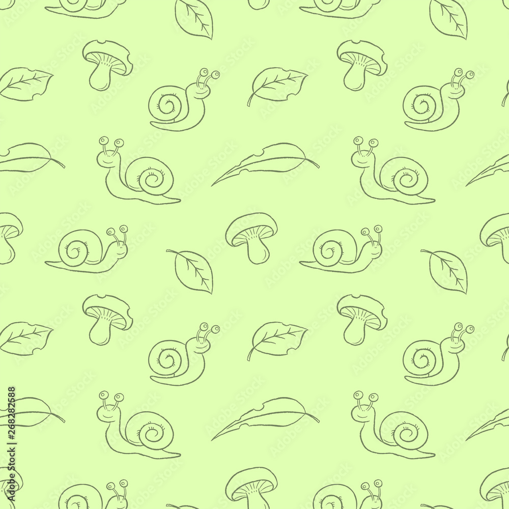 Cute snails with leaves hand drawn cartoon style seamless pattern. Vector illustration wallpaper and background. Kawaii cartoon design.