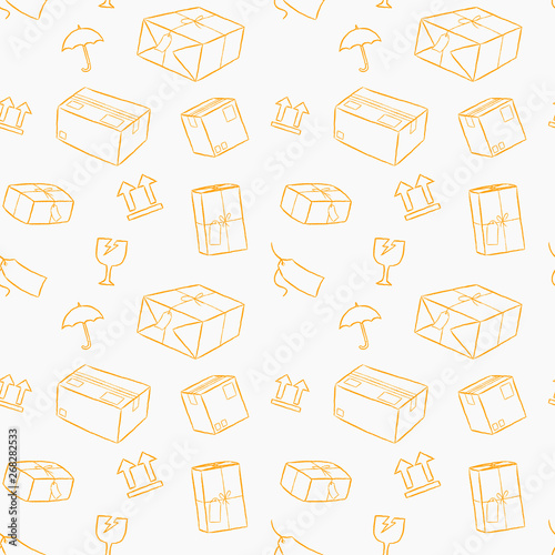 Parcel service handling with care hand drawn style seamless pattern. Vector illustration wallpaper and background. Package delivery services.