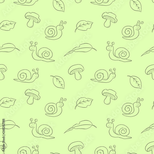 Cute snails with leaves hand drawn cartoon style seamless pattern. Vector illustration wallpaper and background. Kawaii cartoon design.
