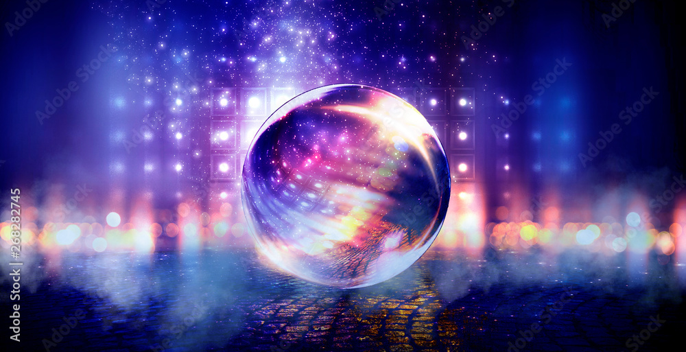 Background of wet asphalt with neon light. Reflection of neon lights in puddles, bright colors, glass ball. Neon night city Background of wet asphalt with neon light. Reflection of neon lights in puddles, bright colors, glass ball. Neon night city