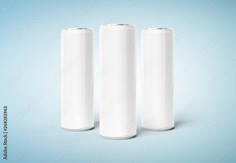 Blank slim soda can mockup on blue background 3D rendering Blank slim soda can mockup on blue background 3D rendering