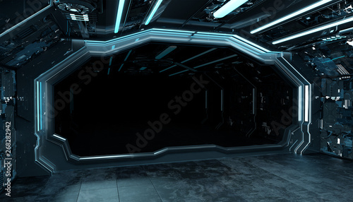 Fototapeta Naklejka Na Ścianę i Meble -  Dark blue spaceship futuristic interior mockup with window 3d rendering