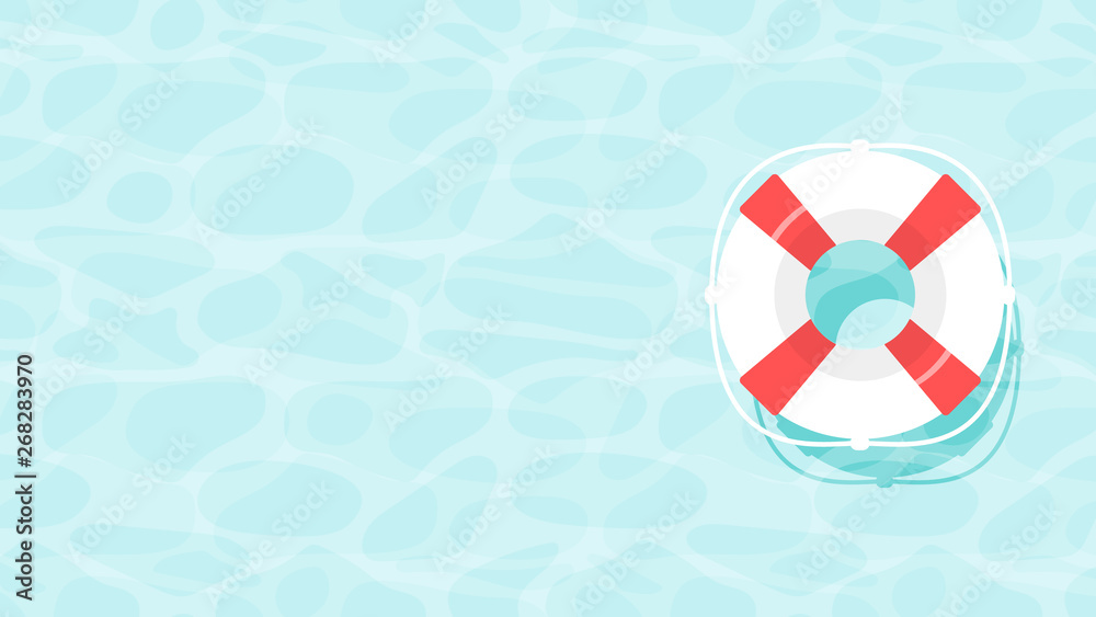 summer holiday illustration with lifebouy. rubber ring floating on water. aqua textured background. Banner, poster template. Shining blue water ripple abstract vector. Shimmering tropical water
