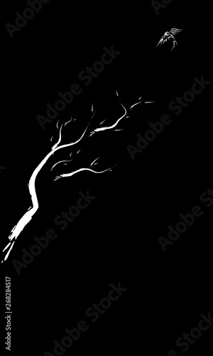 Monochrome traditional asian art. Bare branches with little bird (brush drawing).  Black background and white minimalist art
