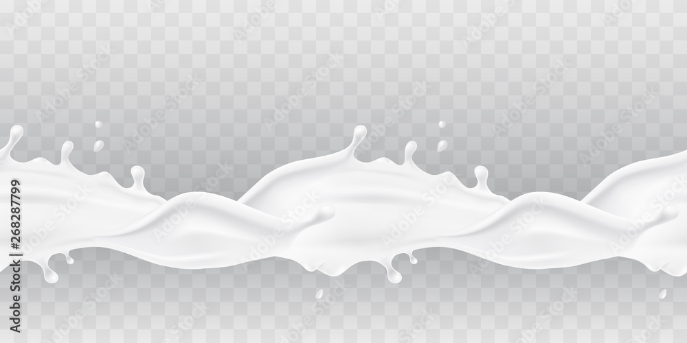 Milk splash seamless pattern isolated on transparent background. 3d realistic yogurt wave border. Vector milky package design. Milk splash seamless pattern isolated on transparent background. 3d realistic yogurt wave border. Vector milky package design.