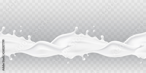 Milk splash seamless pattern isolated on transparent background. 3d realistic yogurt wave border. Vector milky package design.