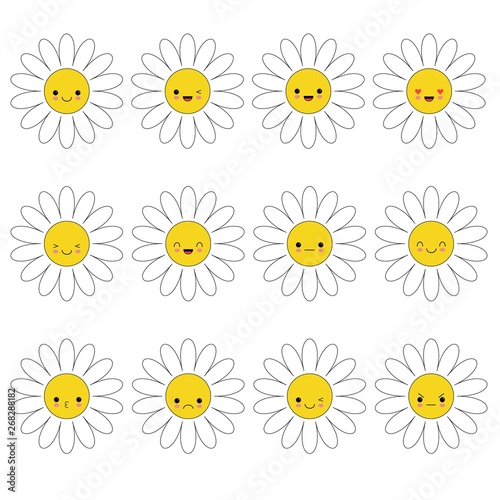 White daisy chamomile icon emoji set. Funny kawaii cartoon characters.