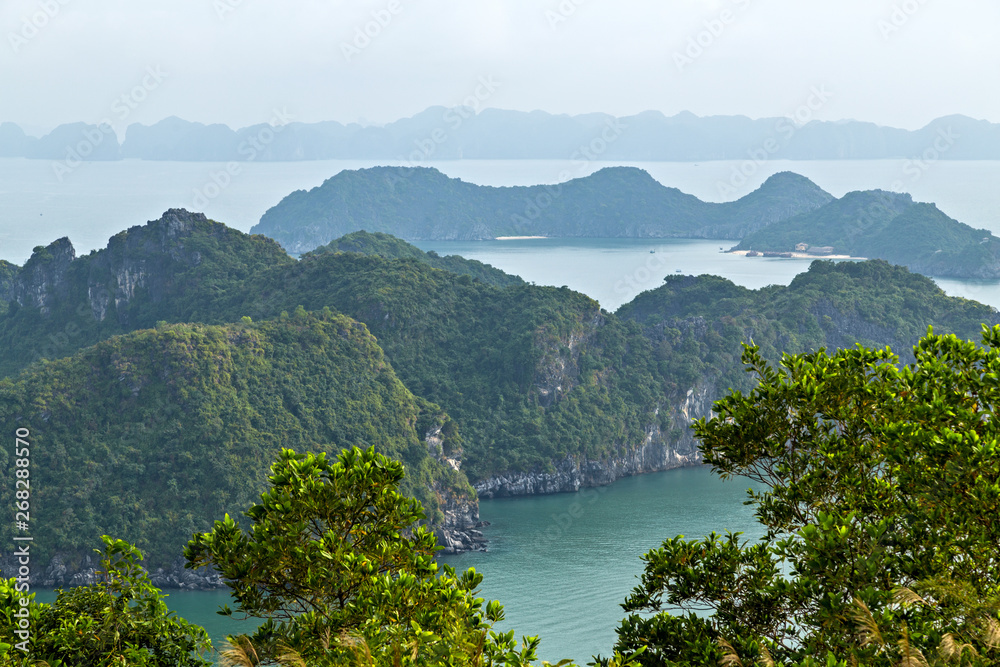 Halong bay islands from Cat Ba Island mountains South China Sea Vietnam. Site Asia