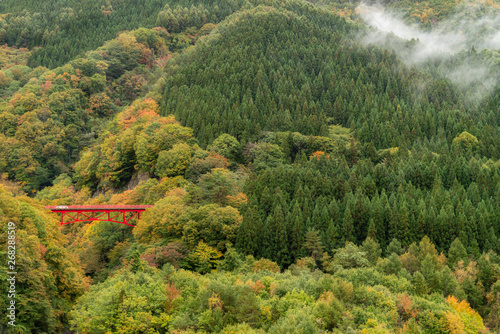 Autumn season at Matsu river gorge with red bridge, Nagano, Japan.