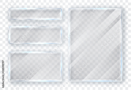 Glass plates set. Glass banners on transparent background. Flat glass. Vector illustration