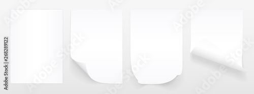 Blank A4 sheet of white paper with curled corner and shadow, template for your design. Set. Vector illustration
