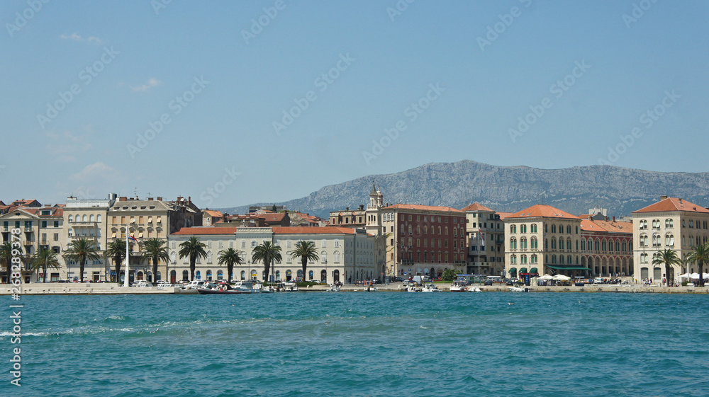 Split, Croatia - 07 22 2015 - Scenic view of the city from the water, beautiful cityscape, sunny day