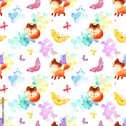 Childhood seamless pattern with cute red foxes and butterflies. Hand painted watercolor illustrations isolated on a white background.