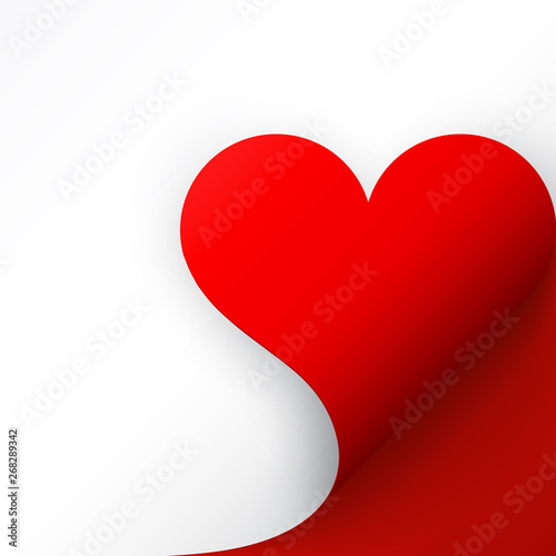 Red paper with heart curled corner and shadow, template for your design. Set. Vector illustration