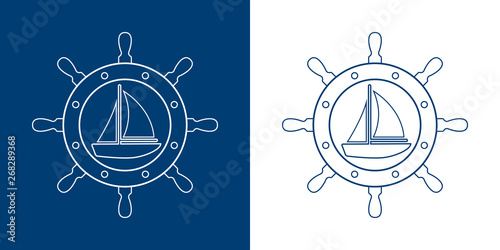 Icono plano lineal velero en timón en azul y blanco