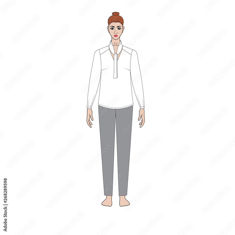Illustration of women's shirt, pants, jacket, jeans, coat, blouse. Office or school capsule wardrope. Casual style. Romantic. Technical drawing Illustration of women's shirt, pants, jacket, jeans, coat, blouse. Office or school capsule wardrope. Casual style. Romantic. Technical drawing