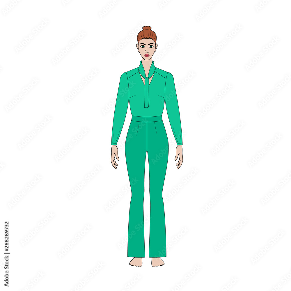 Illustration of women's shirt, pants, jacket, jeans, coat, blouse. Office or school capsule wardrope. Casual style. Romantic. Technical drawing Illustration of women's shirt, pants, jacket, jeans, coat, blouse. Office or school capsule wardrope. Casual style. Romantic. Technical drawing