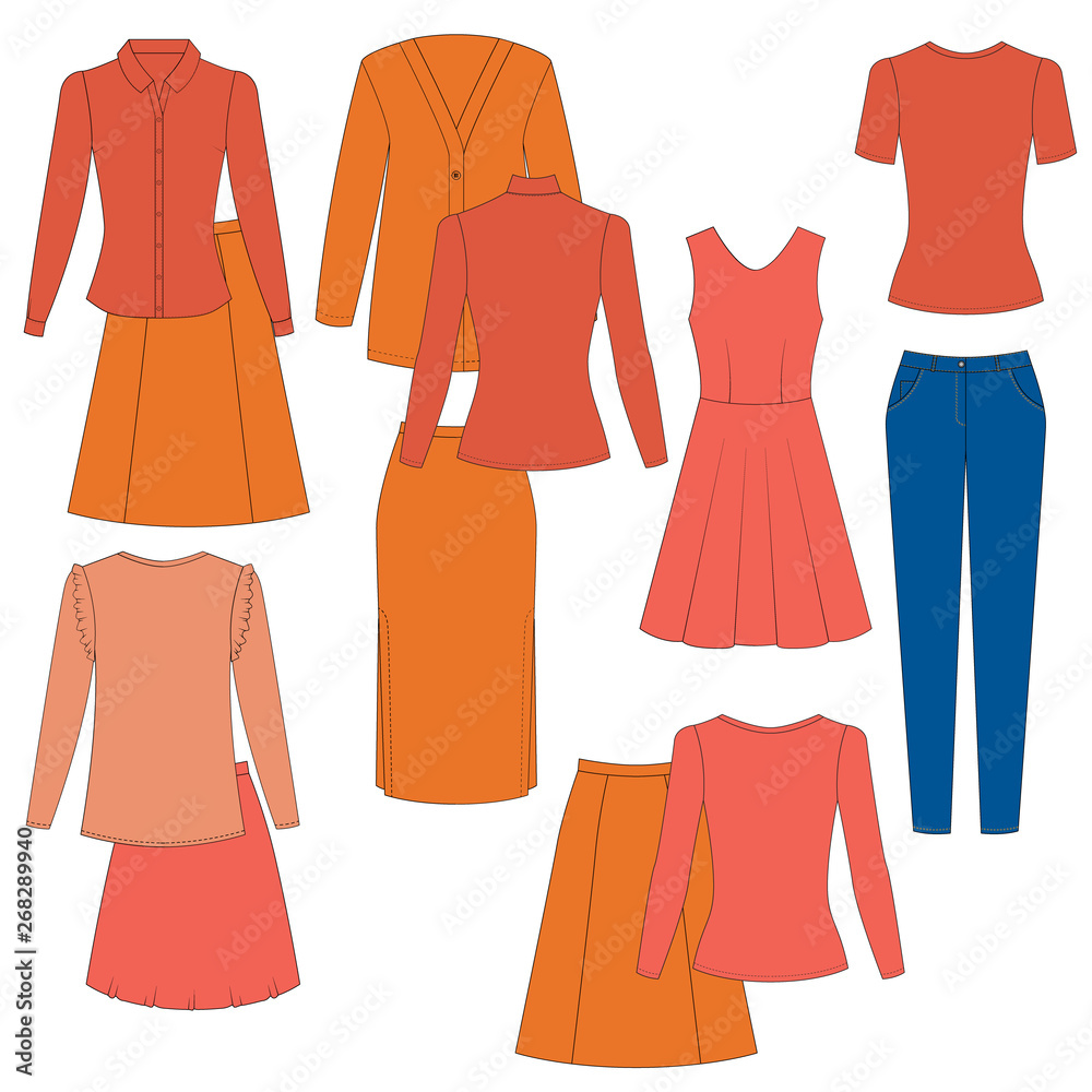 Illustration of women's skirt, shirt, shorts, pants, jeans, t-shirt, longsleeve, cardigan, jacket, jerseys, singlet. Minimalist Basic capsule wardrobe. Casual style. Technical drawing. Spring summer Illustration of women's skirt, shirt, shorts, pants, jeans, t-shirt, longsleeve, cardigan, jacket, jerseys, singlet. Minimalist Basic capsule wardrobe. Casual style. Technical drawing. Spring summer