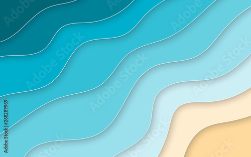 Paper cut style blue sea and beach summer background with frame. Vector illustration