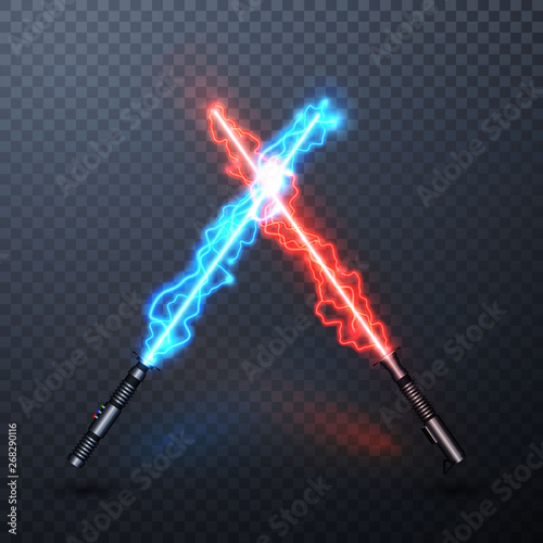 Neon electric light swords. Crossed light sabers isolated on transparent background. Vector illustration