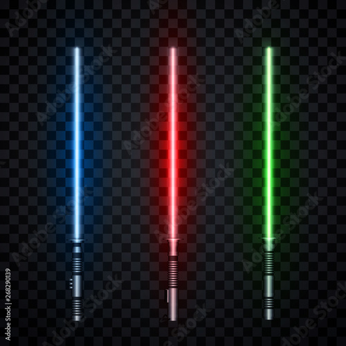 Set of three realistic light swords isolated on transparent background. Vector illustration