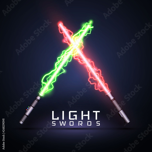 Neon electric light swords. Crossed light sabers isolated on darck background. Vector illustration
