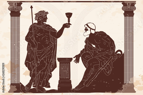 The ancient Greek god of wine Dionysus with a glass in his hands and the old man with a staff engaged in a dialogue in the temple between two columns.