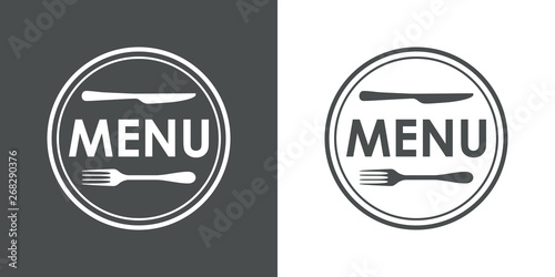 Icono plano texto MENU con cubiertos en círculo lineal en gris y blanco