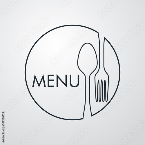 Logotipo con texto MENU con cubiertos en círculo lineal en fondo gris