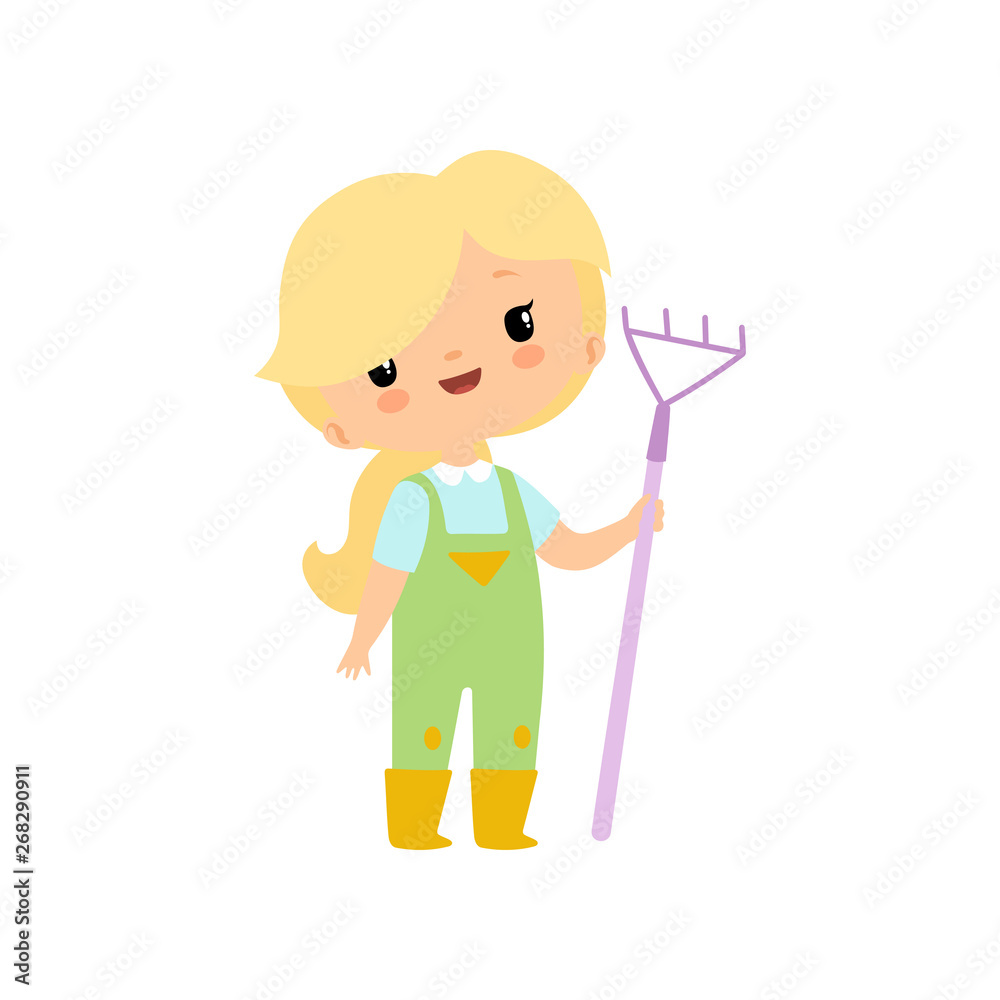 Cute Young Girl in Overalls and Rubber Boots with Rake, Farmer Girl Cartoon Character Vector Illustration Cute Young Girl in Overalls and Rubber Boots with Rake, Farmer Girl Cartoon Character Vector Illustration