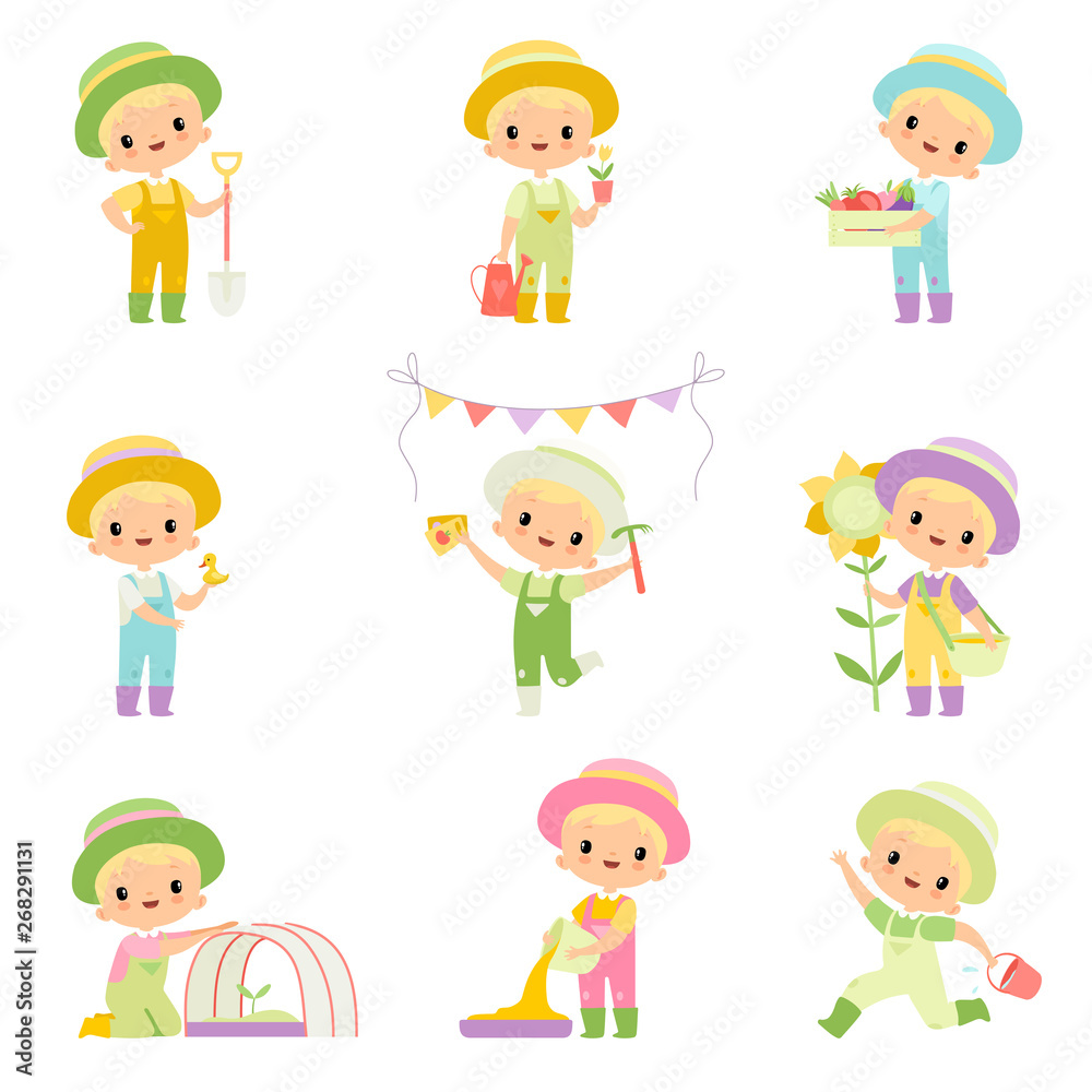 Cute Boy in Overalls and Rubber Boots Engaged in Agricultural Activities Set, Young Farmer Cartoon Character Caring for Plants and Harvesting Vector Illustration