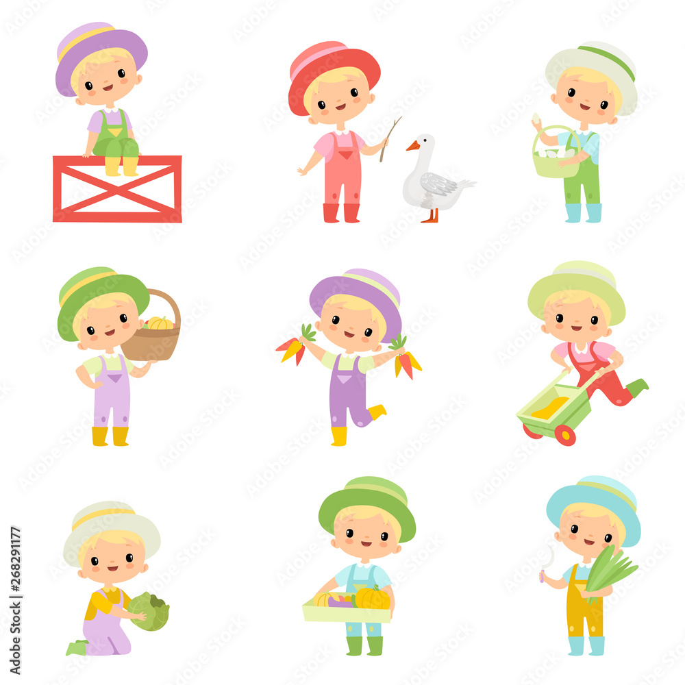 Cute Boy in Overalls, Rubber Boots and Hat Engaged in Agricultural Activities Set, Young Farmer Cartoon Character Caring for Plants and Harvesting Vector Illustration Cute Boy in Overalls, Rubber Boots and Hat Engaged in Agricultural Activities Set, Young Farmer Cartoon Character Caring for Plants and Harvesting Vector Illustration