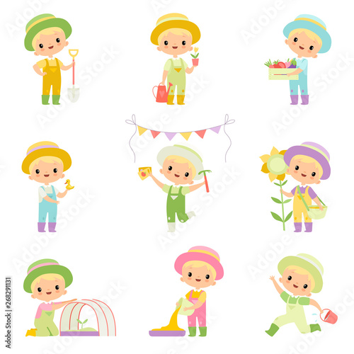 Cute Boy in Overalls and Rubber Boots Engaged in Agricultural Activities Set  Young Farmer Cartoon Character Caring for Plants and Harvesting Vector Illustration
