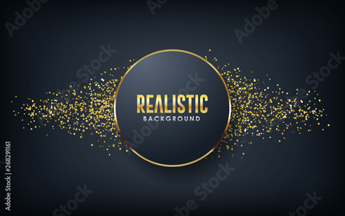 Dark abstract background with black circle overlap layers. Golden glitters dots element decoration.