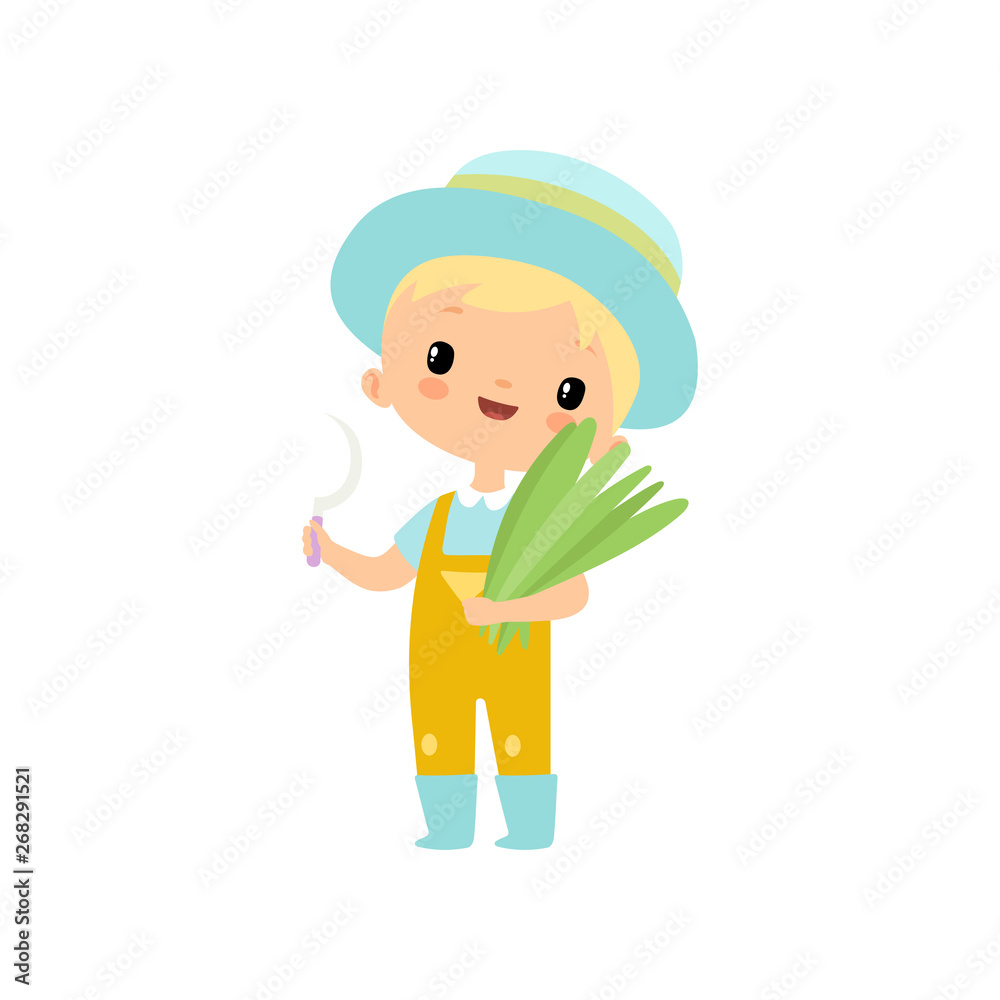 Cute Boy in Overalls, Rubber Boots and Hat with Sickle and Bundle of Grass, Young Farmer Cartoon Character Engaged in Agricultural Activities Vector Illustration Cute Boy in Overalls, Rubber Boots and Hat with Sickle and Bundle of Grass, Young Farmer Cartoon Character Engaged in Agricultural Activities Vector Illustration