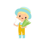 Cute Boy in Overalls, Rubber Boots and Hat with Sickle and Bundle of Grass, Young Farmer Cartoon Character Engaged in Agricultural Activities Vector Illustration