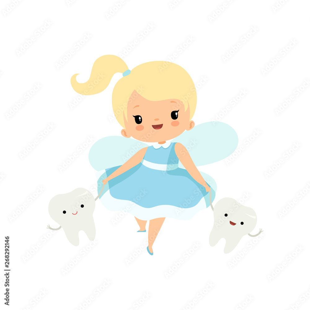 Cute Little Tooth Fairy Walking with Baby Teeth, Lovely Blonde Fairy Girl  Cartoon Character in Light Blue Dress with Wings Vector Illustration Stock  Vector | Adobe Stock