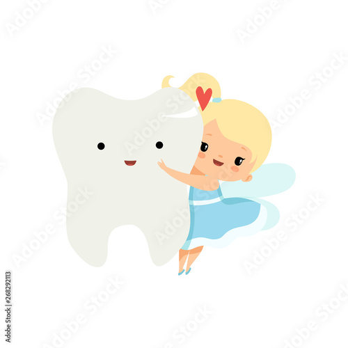 Cute Little Tooth Fairy Flying with Big Tooth, Lovely Blonde Fairy Girl Cartoon Character in Light Blue Dress with Wings Vector Illustration