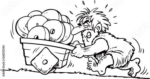Caveman pushing square cart