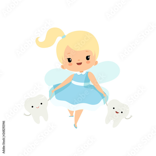 Cute Little Tooth Fairy Walking with Baby Teeth, Lovely Blonde Fairy Girl Cartoon Character in Light Blue Dress with Wings Vector Illustration