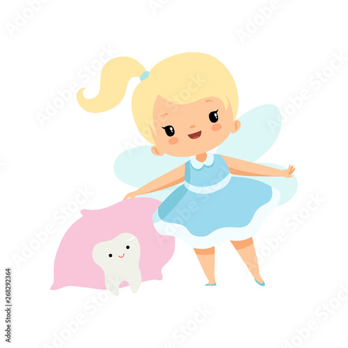 Little Tooth Fairy and Cute Baby Tooth Under Pillow, Lovely Blonde Fairy Girl Cartoon Character in Light Blue Dress with Wings Vector Illustration