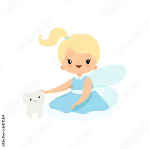 Little Tooth Fairy Sitting with Baby Tooth, Adorable Blonde Fairy Girl Cartoon Character in Light Blue Dress with Wings Vector Illustration