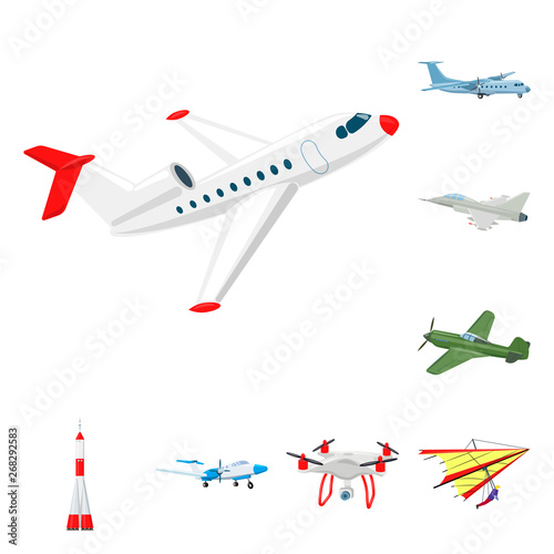 Vector illustration of plane and transport icon. Collection of plane and sky vector icon for stock.