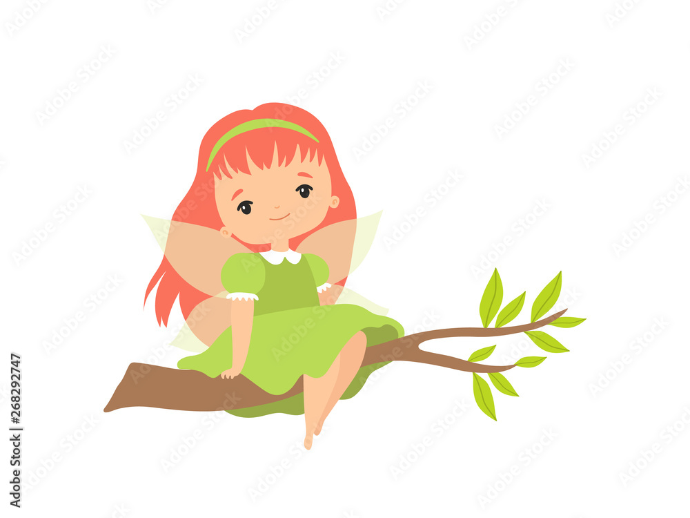 Little Forest Fairy Sitting on Tree Branch, Lovely Fairy Girl Cartoon Character with Red Hair and Wings Vector Illustration Stock Vector | Adobe Stock Little Forest Fairy Sitting on Tree Branch, Lovely Fairy Girl Cartoon Character with Red Hair and Wings Vector Illustration Stock Vector | Adobe Stock