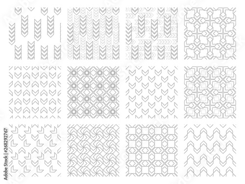 Set of trendy black and white chevron patterns, chevron arrow with modern sewing detail. Chevron pattern elements isolated on white background. 