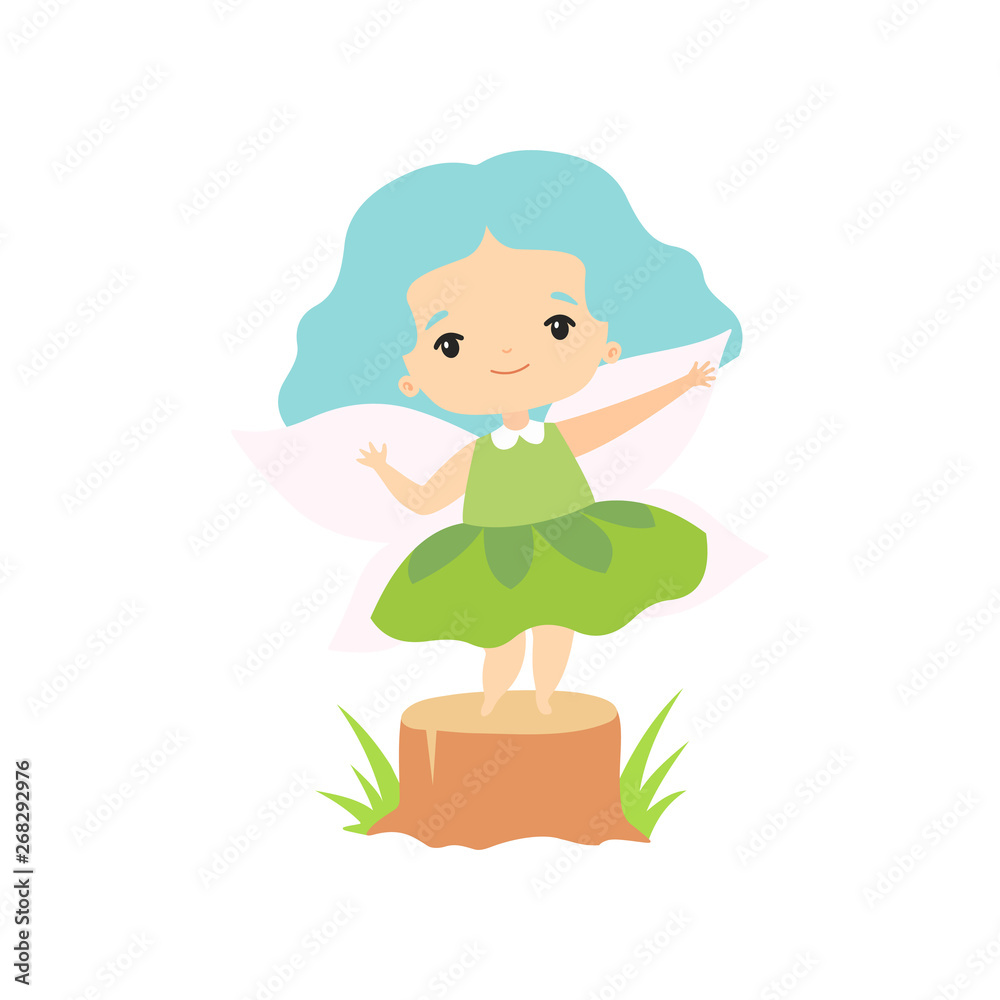 Little Forest Fairy with Wings, Lovely Fairy Girl Cartoon Character Wearing Green Dress Vector Illustration Little Forest Fairy with Wings, Lovely Fairy Girl Cartoon Character Wearing Green Dress Vector Illustration