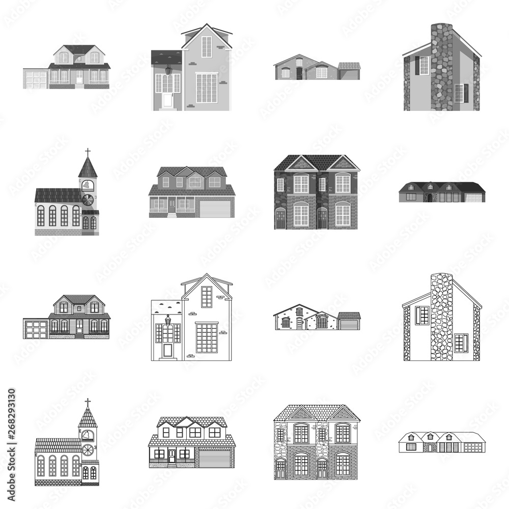 Isolated object of building and front logo. Collection of building and roof stock vector illustration.